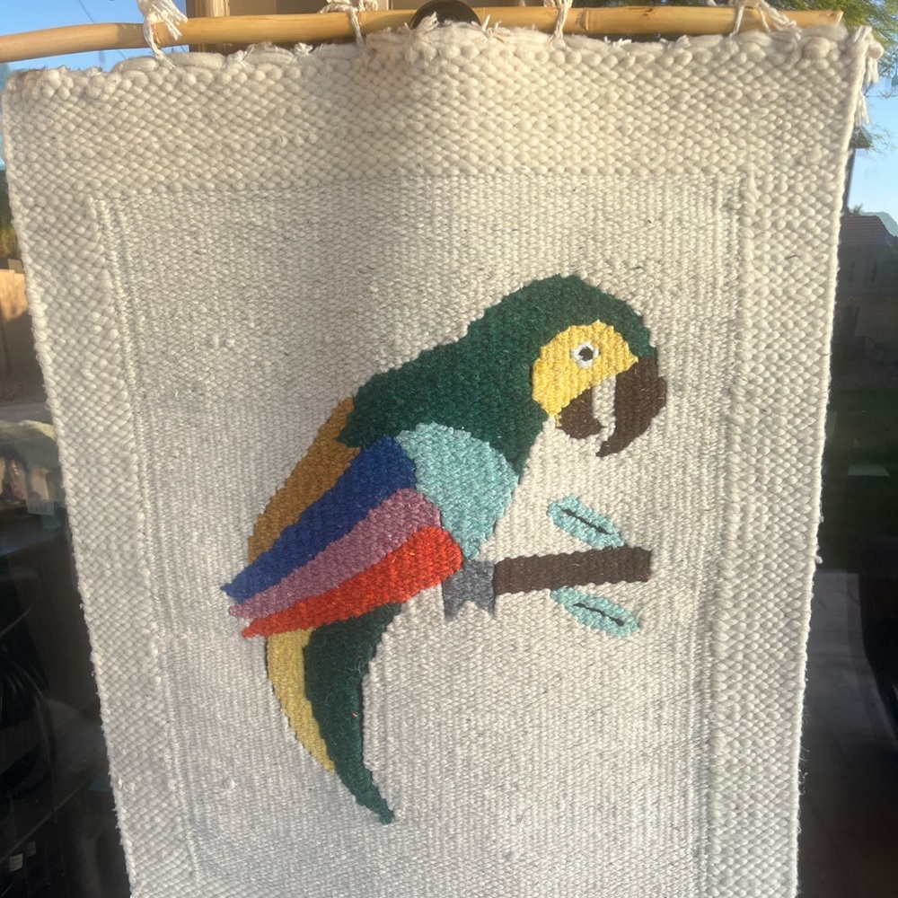 **** SOLD **** Handmade Wool Vintage Colorful Parrot Bird Tapestry